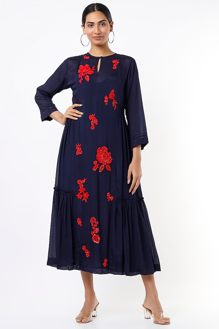 Midnight Blue Embroidered Dress by Half Full Curve