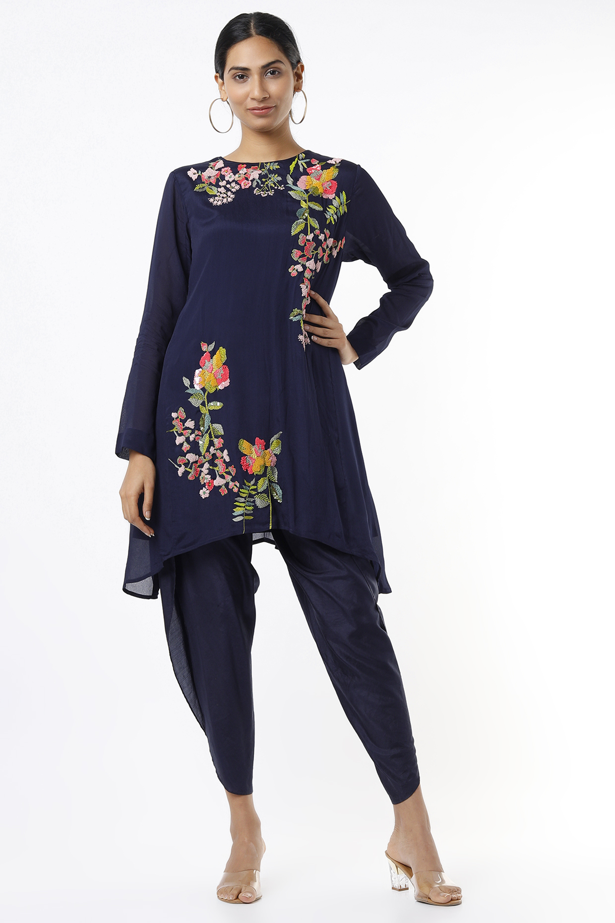 Midnight Blue Hand Embroidered Asymmetrical Tunic Set by Half Full Curve at Pernia's Pop Up Shop