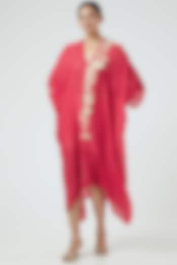 Red Embroidered Draped Kaftan by Half Full Curve