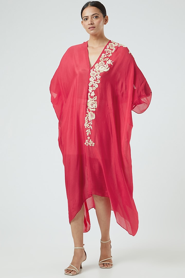 Red Embroidered Draped Kaftan by Half Full Curve