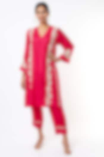 Bright Red Embroidered Kalidar Kurta Set by Half Full Curve
