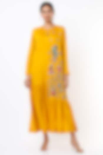 Citrus Yellow Hand Embroidered Dress by Half Full Curve