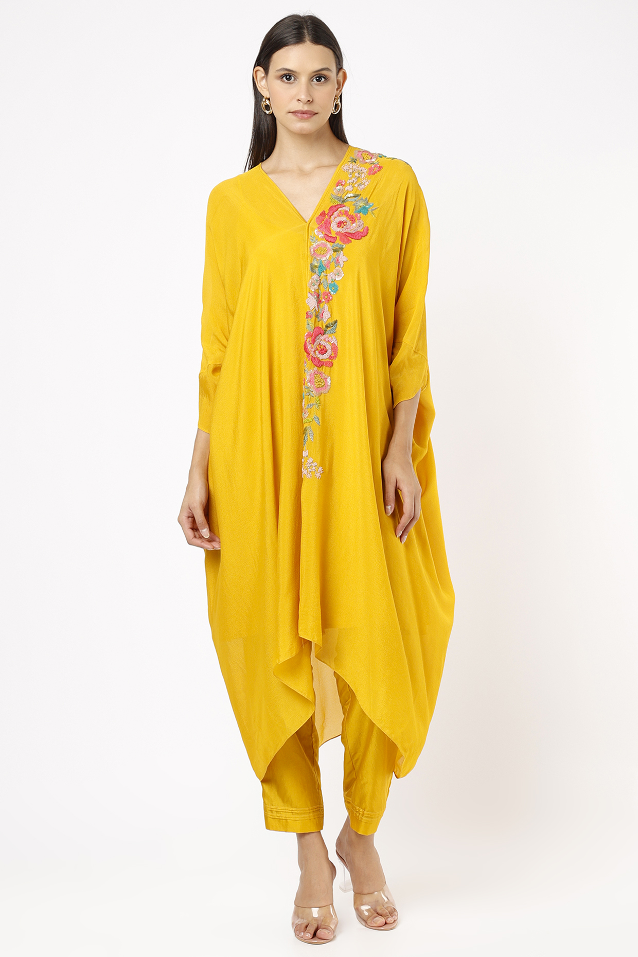 Dandelion Yellow Chiffon Crepe Draped Tunic Set by Half Full Curve at Pernia's Pop Up Shop