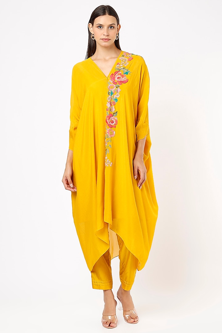 Dandelion Yellow Chiffon Crepe Draped Tunic Set by Half Full Curve at Pernia's Pop Up Shop