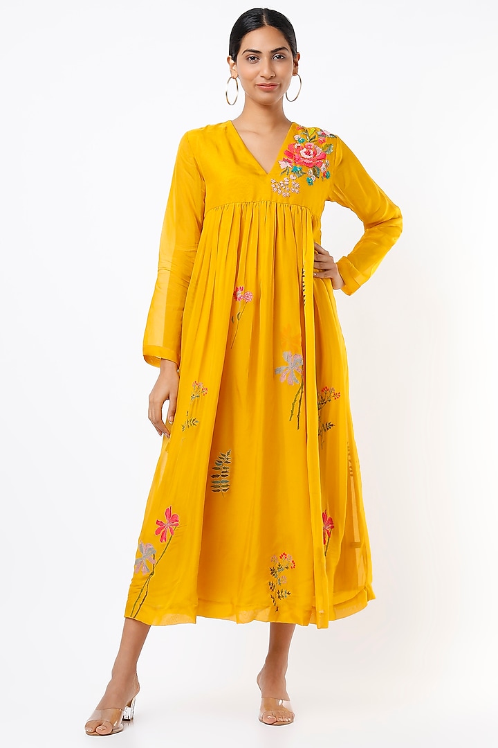 Citrus Yellow Floral Embroidered Dress by Half Full Curve