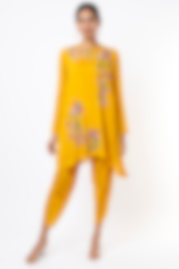 Citrus Yellow Hand Embroidered Asymmetrical Tunic Set by Half Full Curve