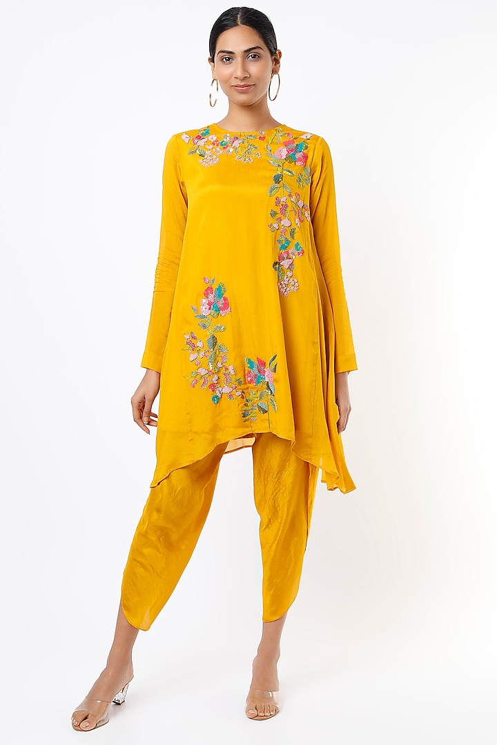 Citrus Yellow Hand Embroidered Asymmetrical Tunic Set by Half Full Curve