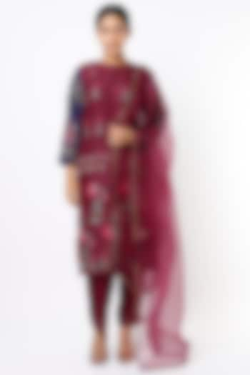 Maroon Hand Embroidered Kurta Set by Half Full Curve