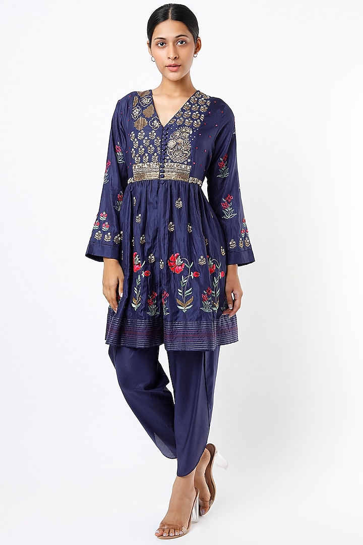 Midnight Blue Pure Silk Pant Set by Half Full Curve