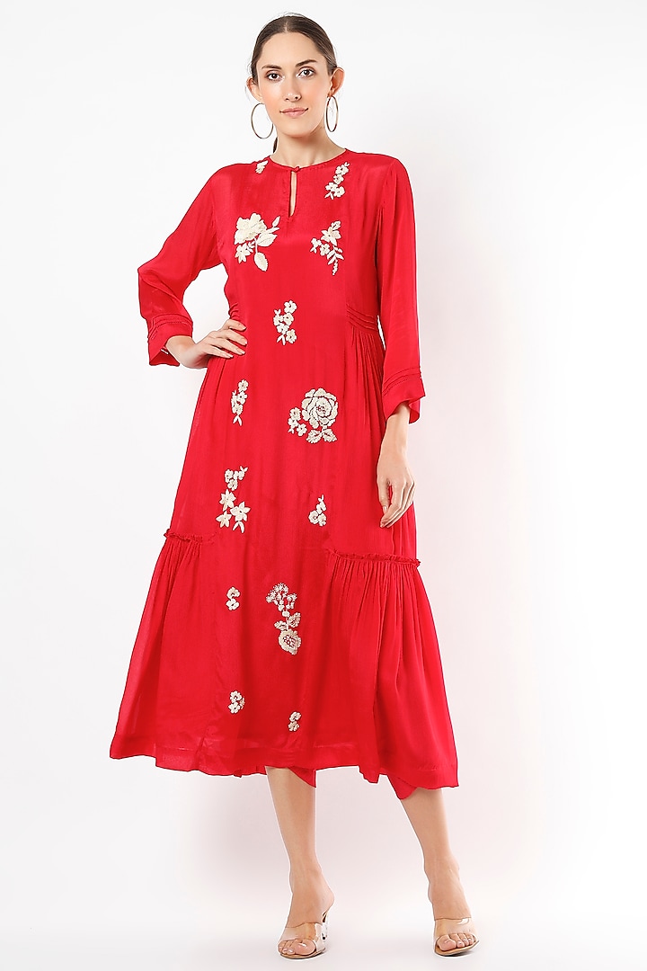 Red Embroidered Midi Dress by Half Full Curve