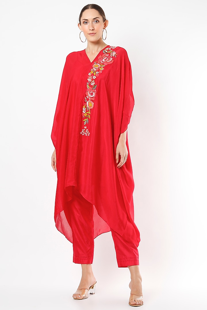 Red Embroidered Kaftan Set by Half Full Curve