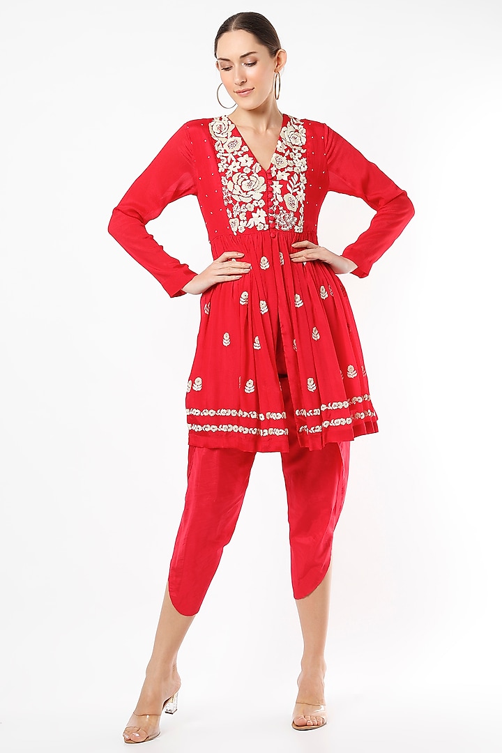 Red Pure Silk & Chiffon Crepe Pant Set by Half Full Curve