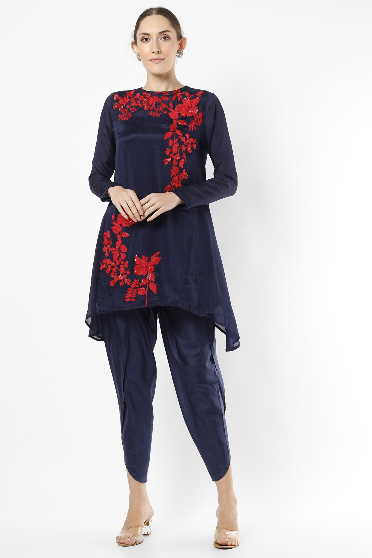 Midnight Blue Hand Embroidered Tunic Set by Half Full Curve at Pernia's Pop Up Shop
