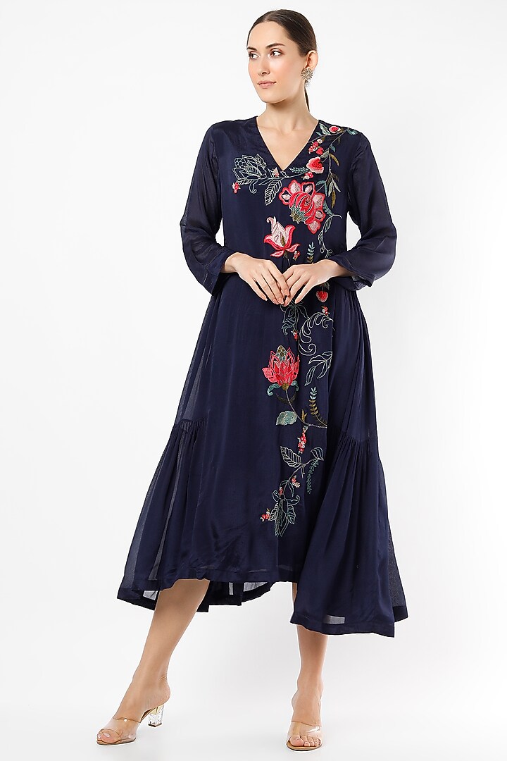 Midnight Blue Embroidered Midi Vacation Dress by Half Full Curve at Pernia's Pop Up Shop