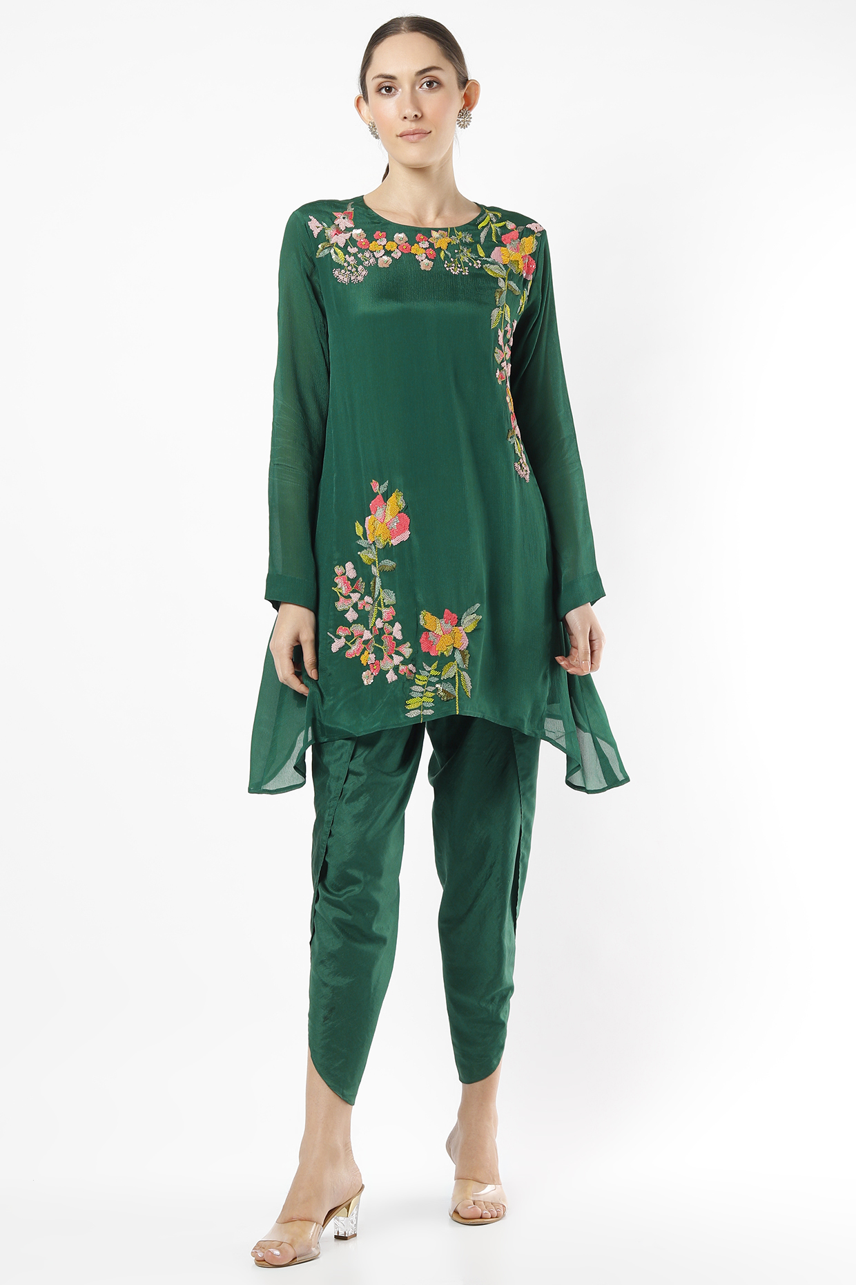 Emerald Green Hand Embroidered Tunic Set by Half Full Curve at Pernia's Pop Up Shop
