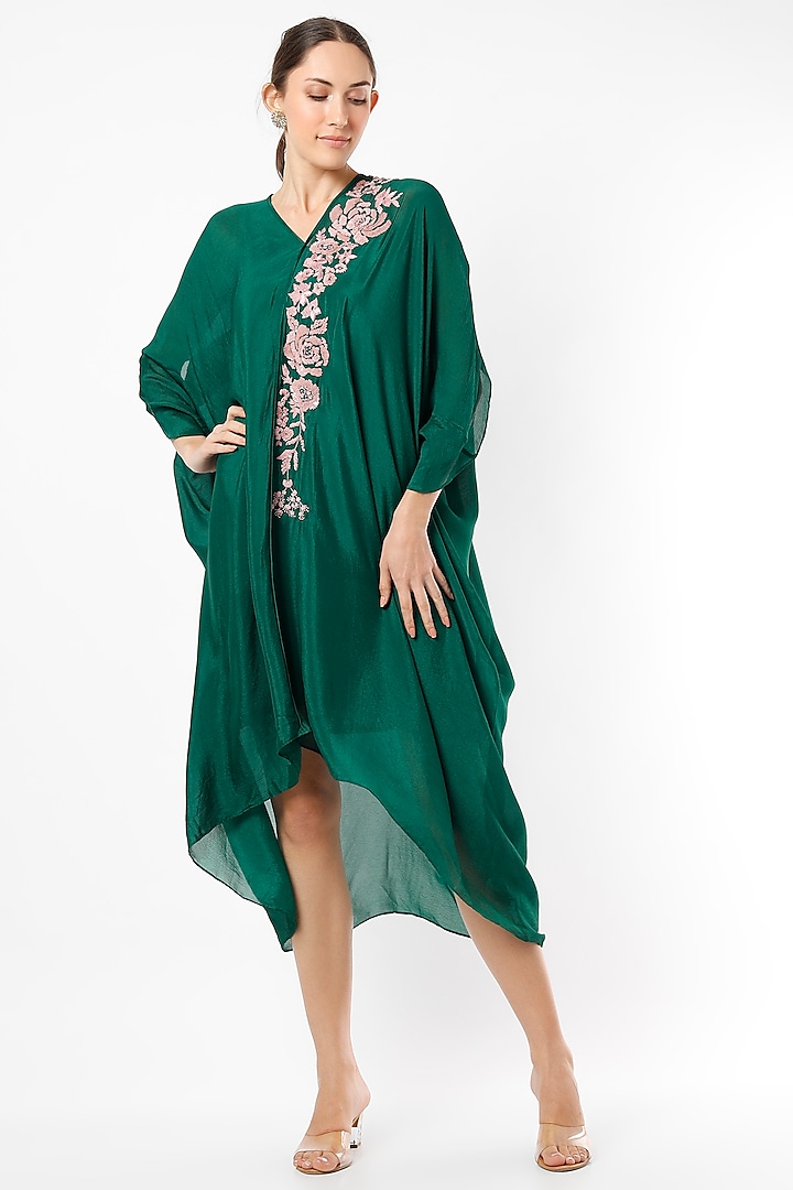 Emerald Green Embroidered Draped Kaftan by Half Full Curve at Pernia's Pop Up Shop