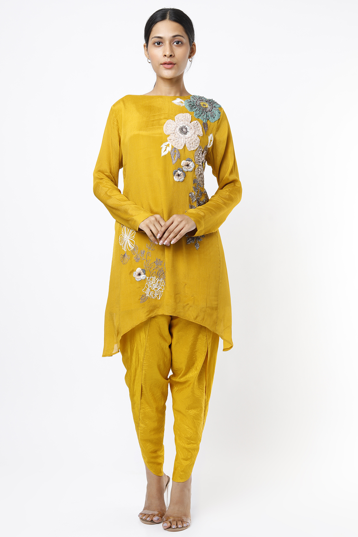 Yellow Hand Embroidered Tunic Set by Half Full Curve at Pernia's Pop Up Shop