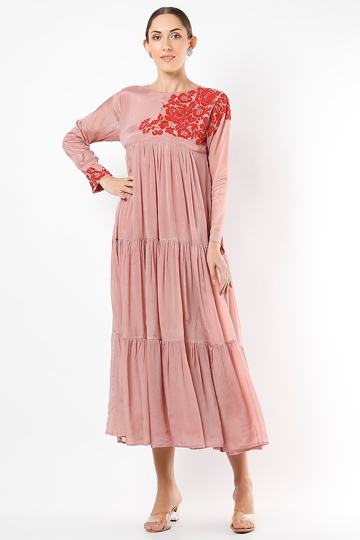 Blush Pink Chiffon Crepe Tiered Maxi Dress by Half Full Curve