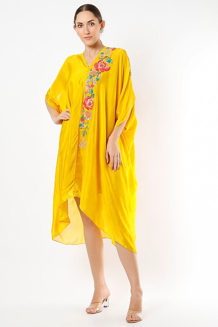 Yellow Chiffon Crepe Draped Midi Dress by Half Full Curve