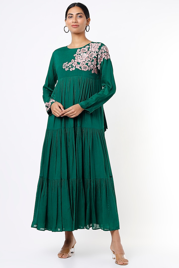 Dark Bluish Green Chiffon Crepe Tiered Maxi Dress by Half Full Curve at Pernia's Pop Up Shop