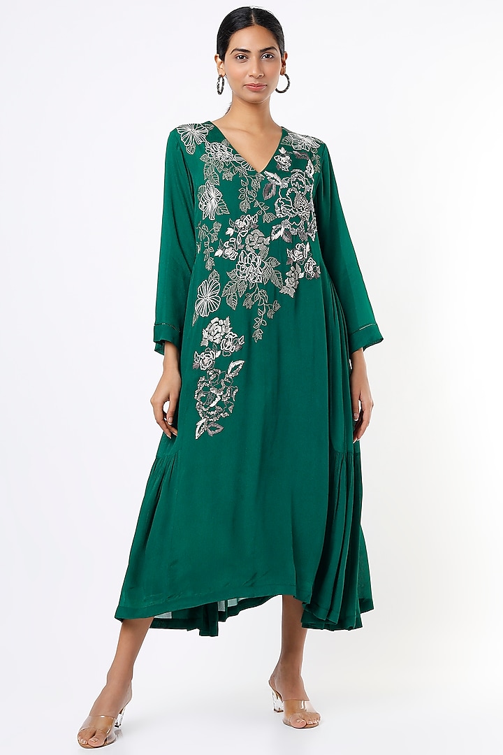 Dark Bluish Green Embroidered Paneled Dress by Half Full Curve