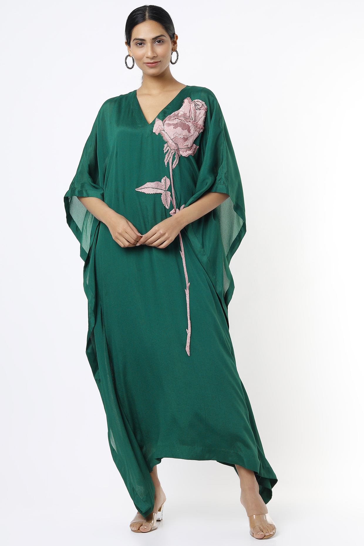 Dark Bluish Green Chiffon Crepe Kaftan by Half Full Curve at Pernia's Pop Up Shop