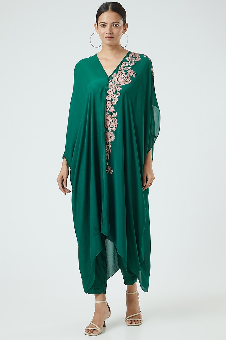 Emerald Green Embroidered Kaftan Set by Half Full Curve