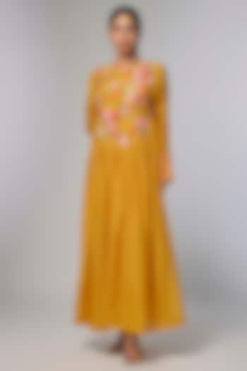 Yellow Fine Chanderi Hand Embroidered Anarkali Cocktail Dress by Half Full Curve at Pernia's Pop Up Shop