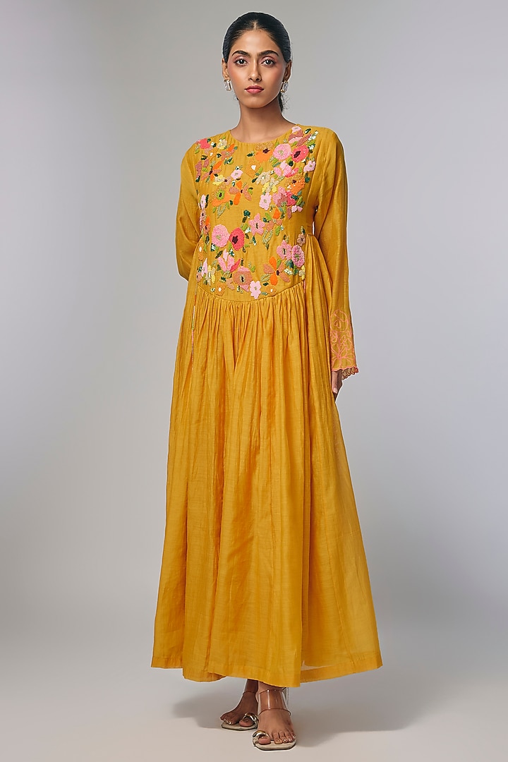 Yellow Fine Chanderi Hand Embroidered Anarkali Cocktail Dress by Half Full Curve at Pernia's Pop Up Shop