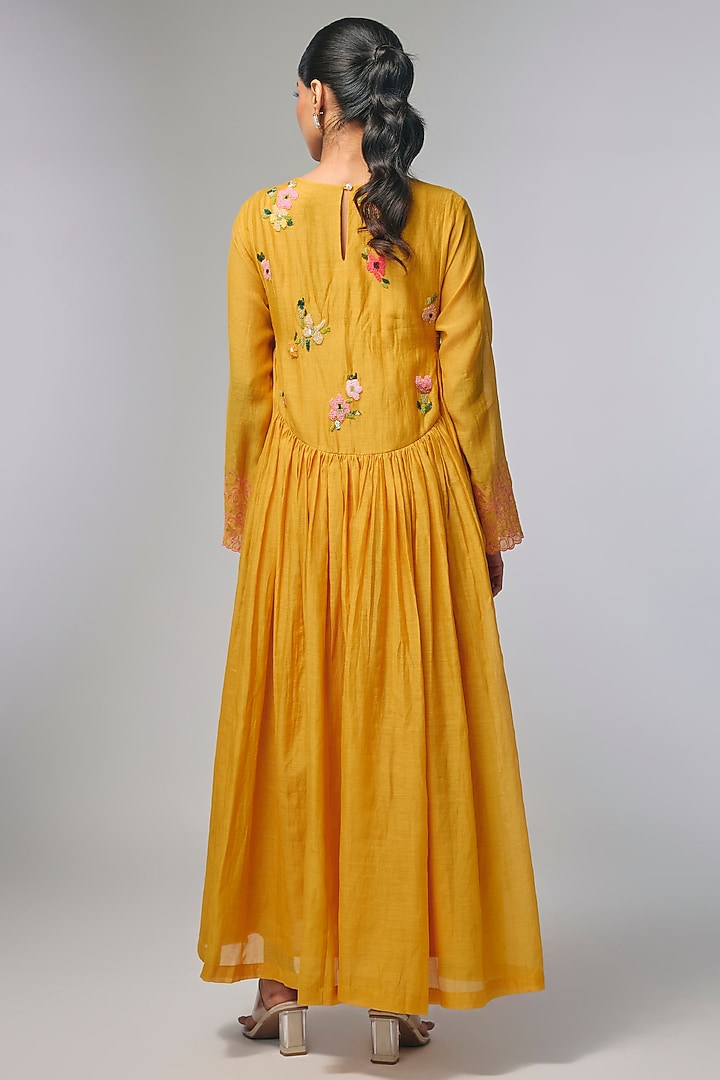 Yellow Fine Chanderi Hand Embroidered Anarkali Cocktail Dress by Half Full Curve at Pernia's Pop Up Shop