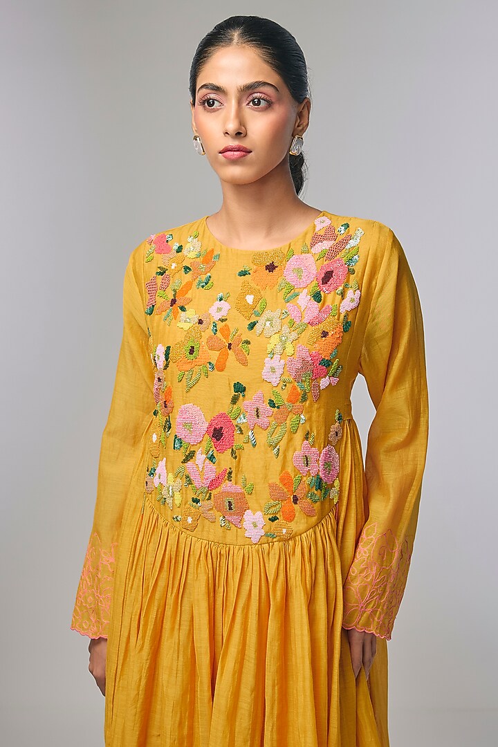 Yellow Fine Chanderi Hand Embroidered Anarkali Cocktail Dress by Half Full Curve at Pernia's Pop Up Shop