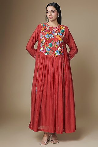 Red Fine Chanderi Long Anarkali Dress by Half Full Curve