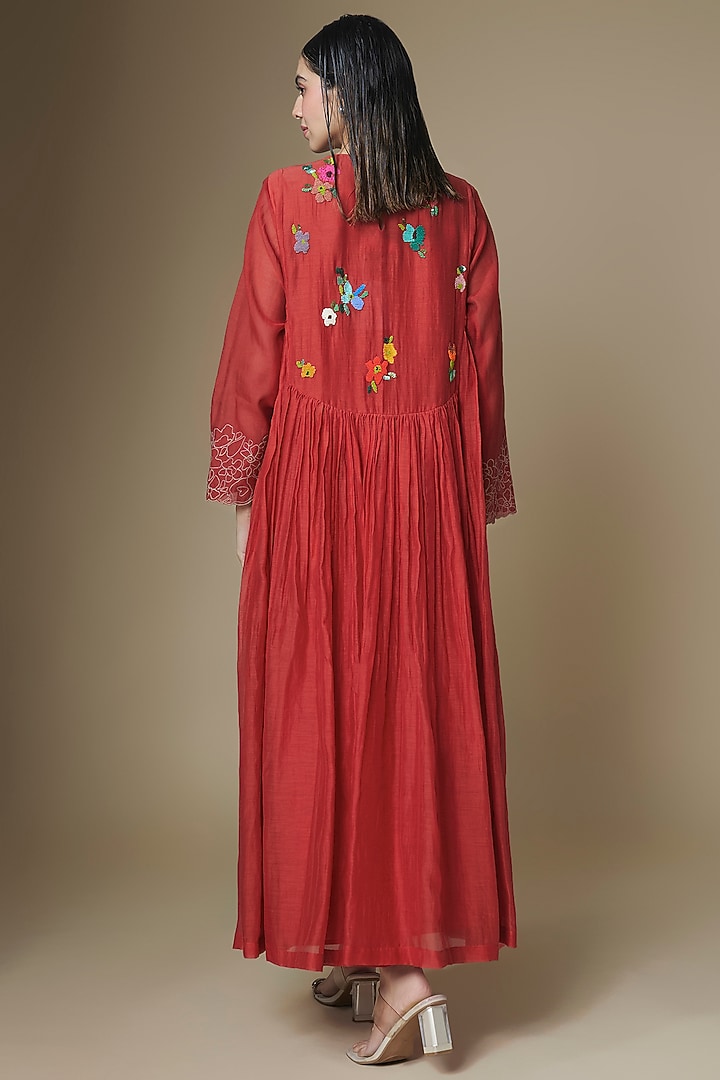 Red Fine Chanderi Long Anarkali Cocktail Dress by Half Full Curve at Pernia's Pop Up Shop