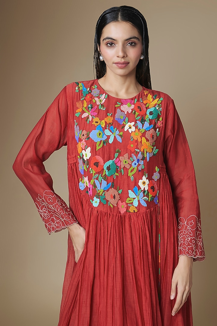 Red Fine Chanderi Long Anarkali Cocktail Dress by Half Full Curve at Pernia's Pop Up Shop