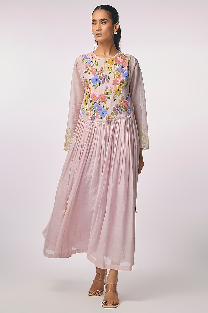 Pink Fine Chanderi Hand Embroidered Anarkali Cocktail Dress by Half Full Curve at Pernia's Pop Up Shop