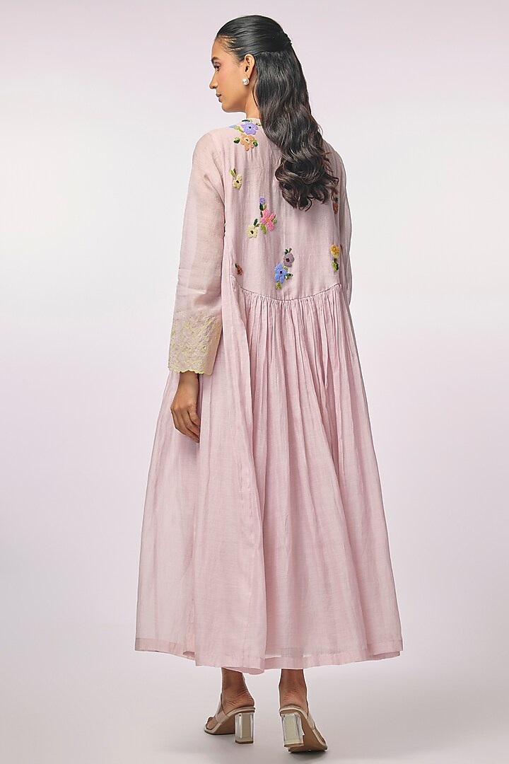 Pink Fine Chanderi Hand Embroidered Anarkali Cocktail Dress by Half Full Curve at Pernia's Pop Up Shop