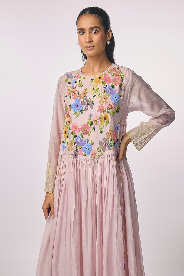 Pink Fine Chanderi Hand Embroidered Anarkali Cocktail Dress by Half Full Curve at Pernia's Pop Up Shop