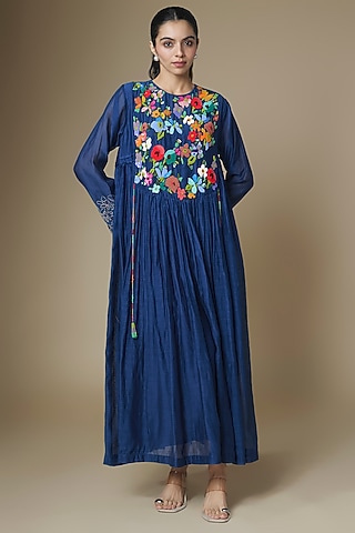 Blue Fine Chanderi Long Anarkali Dress by Half Full Curve
