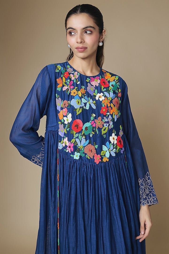Blue Fine Chanderi Long Anarkali Cocktail Dress by Half Full Curve at Pernia's Pop Up Shop