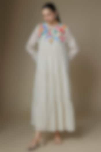 Ecru Fine Chanderi Tiered Vacation Dress by Half Full Curve at Pernia's Pop Up Shop