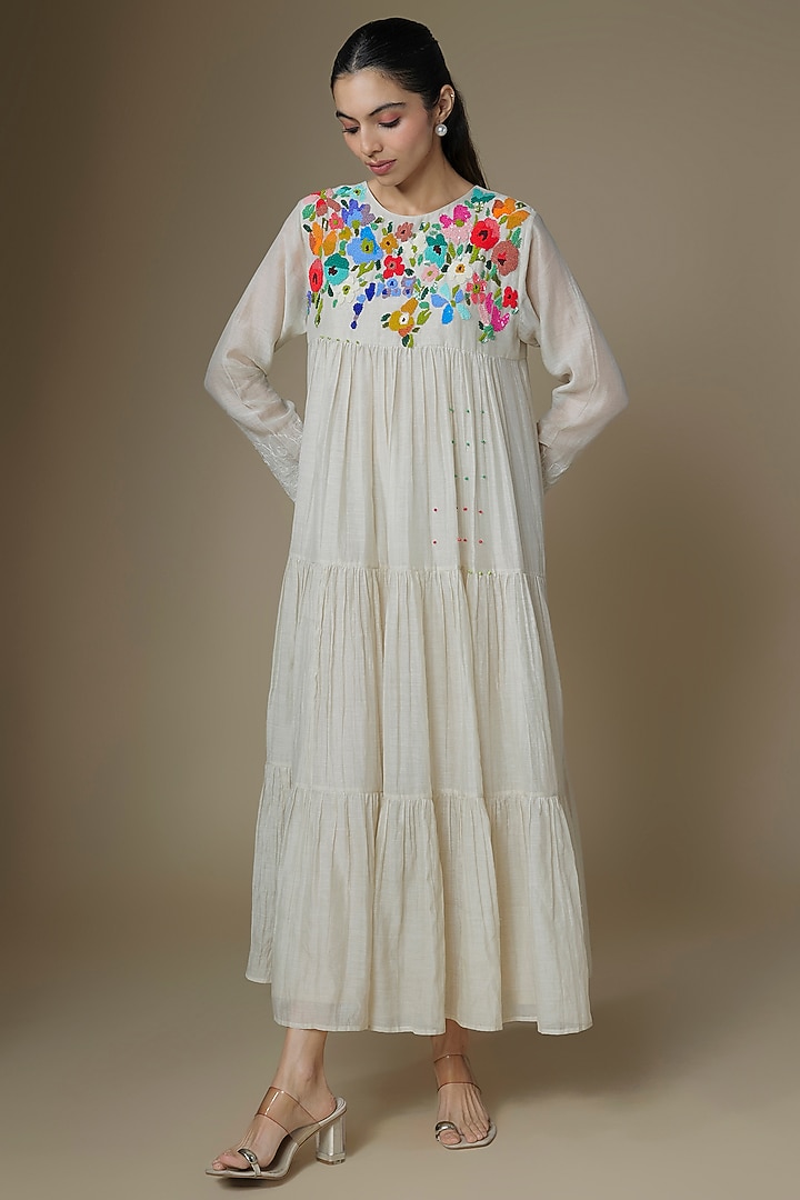 Ecru Fine Chanderi Tiered Vacation Dress by Half Full Curve at Pernia's Pop Up Shop