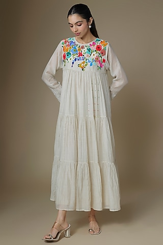 Ecru Fine Chanderi Tiered Dress by Half Full Curve