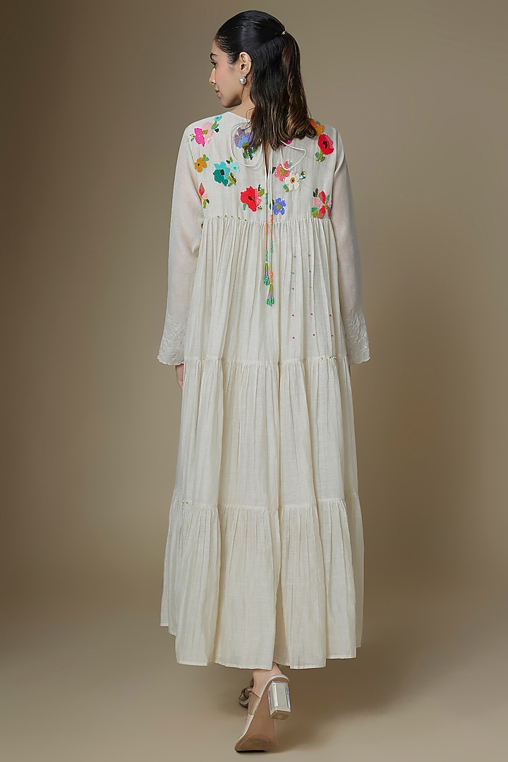 Ecru Fine Chanderi Tiered Vacation Dress by Half Full Curve at Pernia's Pop Up Shop
