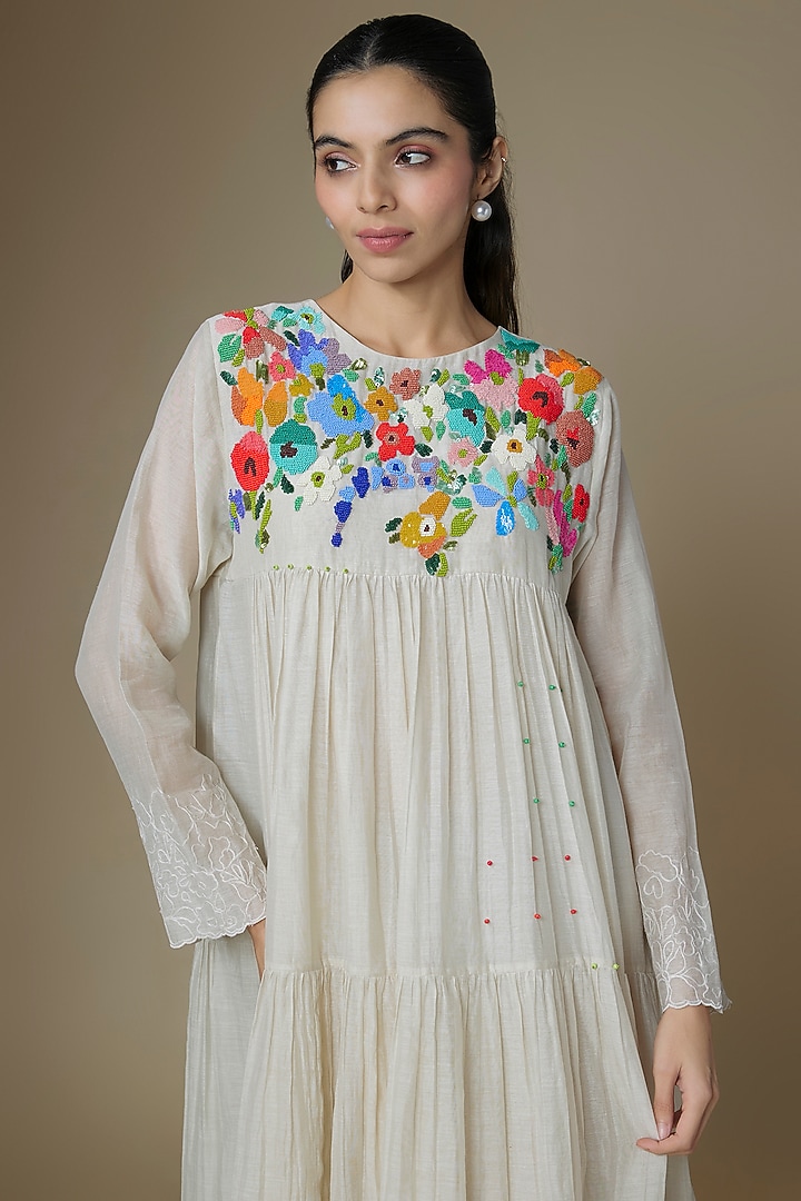Ecru Fine Chanderi Tiered Vacation Dress by Half Full Curve at Pernia's Pop Up Shop