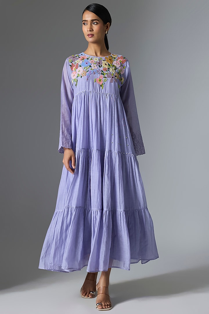 Lilac Fine Chanderi Tiered Vacation Dress by Half Full Curve at Pernia's Pop Up Shop