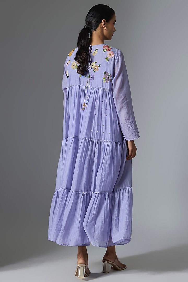 Lilac Fine Chanderi Tiered Vacation Dress by Half Full Curve at Pernia's Pop Up Shop