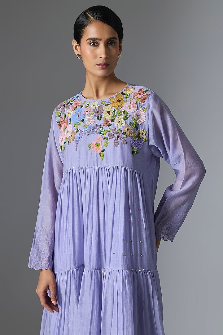 Lilac Fine Chanderi Tiered Vacation Dress by Half Full Curve at Pernia's Pop Up Shop