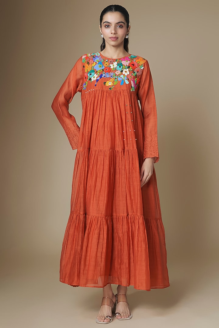 Orange Fine Chanderi Tiered Vacation Dress by Half Full Curve at Pernia's Pop Up Shop