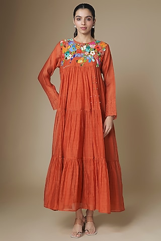 Orange Fine Chanderi Tiered Dress by Half Full Curve