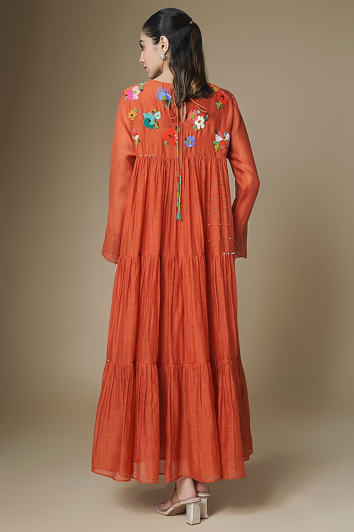 Orange Fine Chanderi Tiered Vacation Dress by Half Full Curve at Pernia's Pop Up Shop